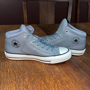 Converse All Star Hi Top Gray Leather Embossed Logo Women’s size 5.5